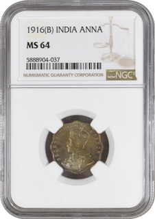 NGC MS 64 Graded Cupro Nickel One Anna Coin of King George V of Bombay Mint of 1916.