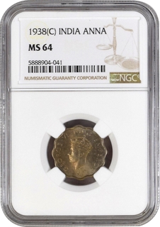 NGC MS 64 Graded Cupro Nickel One Anna Coin of King George VI of Calcutta Mint of 1938.