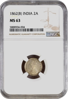 NGC MS 63 Graded Silver Two Annas Coin of Victoria Queen of Bombay Mint of 1862.