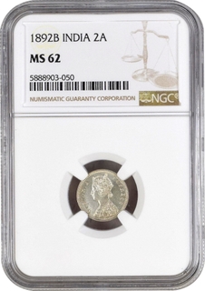 NGC MS 62 Graded Silver Two Annas Coin of Victoria Empress of Bombay Mint of 1892.