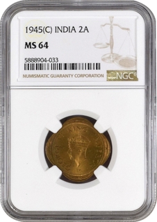 NGC MS 64 Graded Nickel Brass Two Annas Coin of King George VI of Calcutta Mint of 1945.