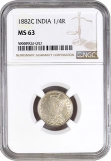 NGC MS 63 Graded Silver Quarter Rupee Coin of Victoria Empress of Calcutta Mint of 1882.