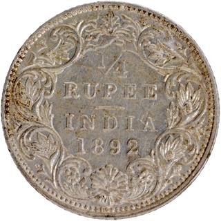 B Incused Silver Quarter Rupee Coin of Victoria Empress of Bombay Mint of 1892.