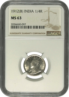 NGC MS 63 Graded Silver Quarter Rupee Coin of King George V of Bombay Mint of 1912.