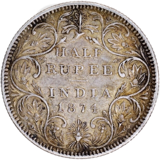 Very Scarce Silver Half Rupee Coin of Victoria Queen of Bombay Mint of 1874.