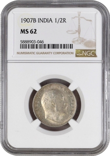 NGC MS 62 Graded Silver Half Rupee Coin of King Edward VII of Bombay Mint of 1907.