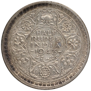 Very Rare Silver Half Rupee Coin of King George VI of Bombay Mint of 1943.