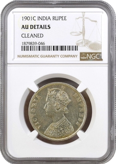 NGC Graded Very Rare Silver One Rupee Coin of Victoria Empress of Calcutta Mint of 1901.