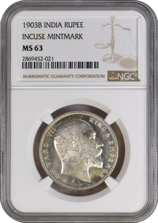 NGC MS 63 Graded Silver One Rupee Coin of King Edward VII of Bombay Mint of 1903 with Ghost Impression.