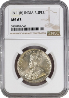 NGC MS 63 Graded Silver One Rupee Coin of King George V of Bombay Mint of 1911.