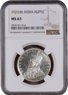 Rare NGC MS 63 Graded Silver One Rupee Coin of King George V of Bombay Mint of 1921.