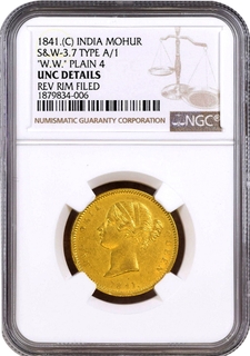 NGC Graded Rare Gold One Mohur Coin of Victoria Queen of Calcutta Mint of 1841.