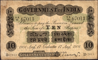 Uniface Ten Rupees Banknote of King Edward VII Signed by O T Barrow of 1906 of Calcutta Circle.