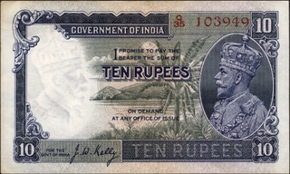 Ten Rupees Banknote of King George V Signed by J W Kelly of 1935.