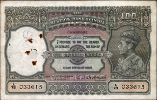 One Hundred Rupees Banknote of King George VI Signed by C D Deshmukh of 1938 of Cawnpore Circle.