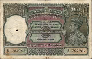 One Hundred Rupees Banknote of King George VI Signed by C D Deshmukh of 1938 of Delhi Circle.