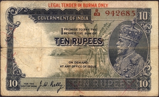 Ten Rupees Banknote of King George V Signed by J W Kelly of 1937 of Burma Issue.