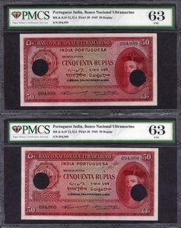 PMCS Graded 63 UNC Cancelled Cinquenta (Fifty) Rupias Banknotes of Banco Nacional Ultramarino of Portuguese India (Goa) of 1945.