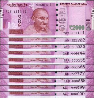 Strong Paper Quality 10 Notes Fancy Number 111111 to 10L Two Thousand Rupees Banknotes Signed by Urjit R Patel of 2016.