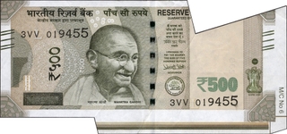 Sheet fold Cutting Error Five Hundred Rupees Banknote Signed by Urjit R Patel of Republic India of 2018.