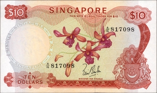 Ten Dollars Banknote Signed by Lim Kim San of Singapore of 1967.