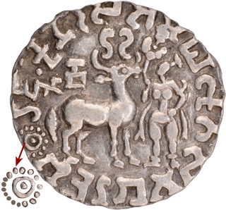 Silver Drachma Coin of Amoghbuti of Kuninda Dynasty with a sixteen-dotted sun behind the deer.