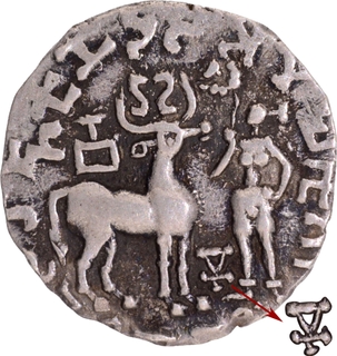 Silver Drachma Coin of Amoghbuti of Kuninda Dynasty with an Indradhvaja between the deer and the goddess.