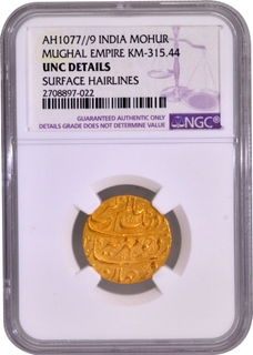 Unc Detailed NGC Graded Gold Mohur Coin of Aurangzeb Alamgir of Surat Mint.