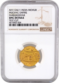 NGC Graded UNC Detailed Gold Mohur Coin of Farrukhsiyar of Itawa Mint..