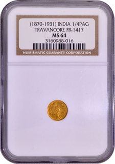  Tulabharam Medallic Coinage Gold Quarter Pagoda Coin of Travancore.