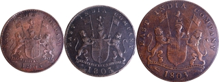 Soho Mint Set of 3 Copper Coins 1803 AD Reverse Inverted Die Axis of Madras Presidency.