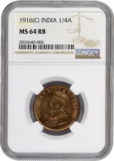 Extremely Rare NGC MS 64 RB Graded Bronze One Quarter Anna Coin of King George V of Calcutta Mint of 1916.