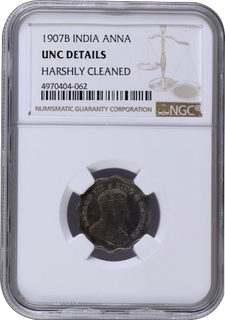 NGC UNC Graded Cupro Nickel One Anna Coin of King Edward VII of Bombay Mint of 1907.