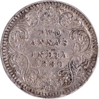 Extremely Rare Silver Two Annas Coin of Victoria Empress of Calcutta Mint of 1880 with Crude and Wavy Style Lettering.