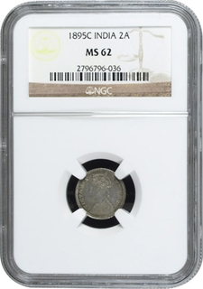 Rare NGC MS 62 Graded Silver Two Annas Coin of Victoria Empress of Calcutta Mint of 1895.