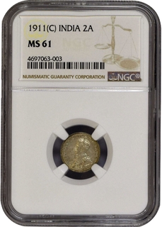 NGC MS 61 Graded Silver Two Annas Coin of King George V of Calcutta Mint of 1911.