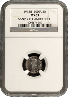 NGC MS 63 Graded Silver Two Annas Coin of King George V of Bombay Mint of 1912.