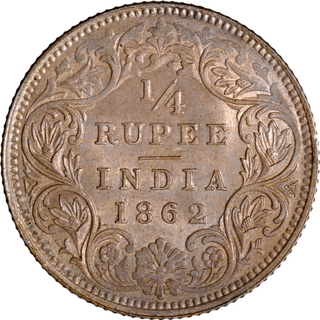 Gem UNC Silver Quarter Rupee Coin of Victoria Queen of Calcutta Mint of 1862 with Ghost Impression and Toning.