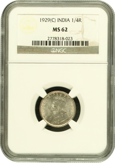 Scarce NGC MS 62 Graded Silver Quarter Rupee Coin of King George V of Calcutta Mint of 1929.