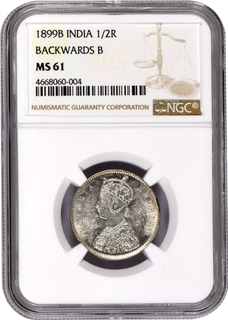 NGC MS 61 Graded Silver Half Rupee Coin of Victoria Empress of Bombay Mint of 1899.