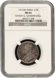 Rare NGC MS 63 Graded Silver Half Rupee Coin of King George V of Bombay Mint of 1912.