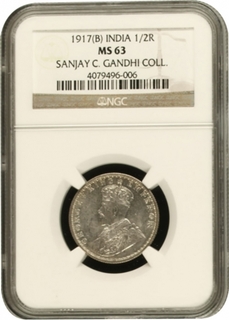 NGC MS 63 Graded Silver Half Rupee Coin of King George V of Bombay Mint of 1917.