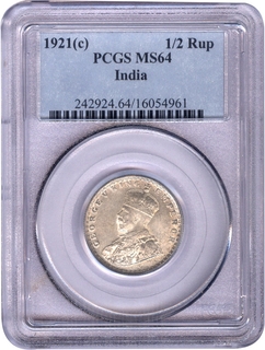 Rare PCGS as MS 64 Graded Silver Half Rupee Coin of King George V of Calcutta Mint of 1921.