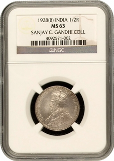 Rare NGC MS 63 Graded Silver Half Rupee Coin of King George V of Bombay Mint of 1928.