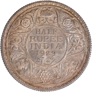 Uncirculated Silver Half Rupee Coin of King George V of Calcutta Mint of 1929 with Ghost Impression.