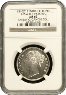 NGC MS 62 Graded Silver One Rupee Coin of Victoria Queen of Calcutta Mint of 1840.