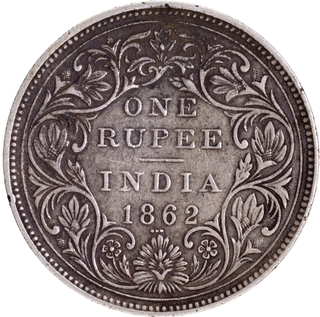 Extremely Rare 1865 (Actul Minitng year) Silver One Rupee Coin of Victoria Queen of Bombay MInt of 1862 without initial J.