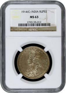 NGC MS 63 Graded Silver One Rupee Coin of King George V of Calcutta Mint of 1914.