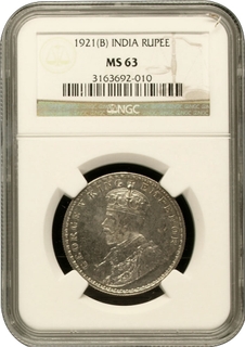 Rare NGC MS 63 Graded Silver One Rupee Coin of King George V of Bombay Mint of 1921.