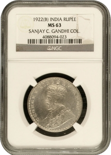 NGC MS 63 Graded Silver One Rupee Coin of King George V of Bombay Mint of 1922.